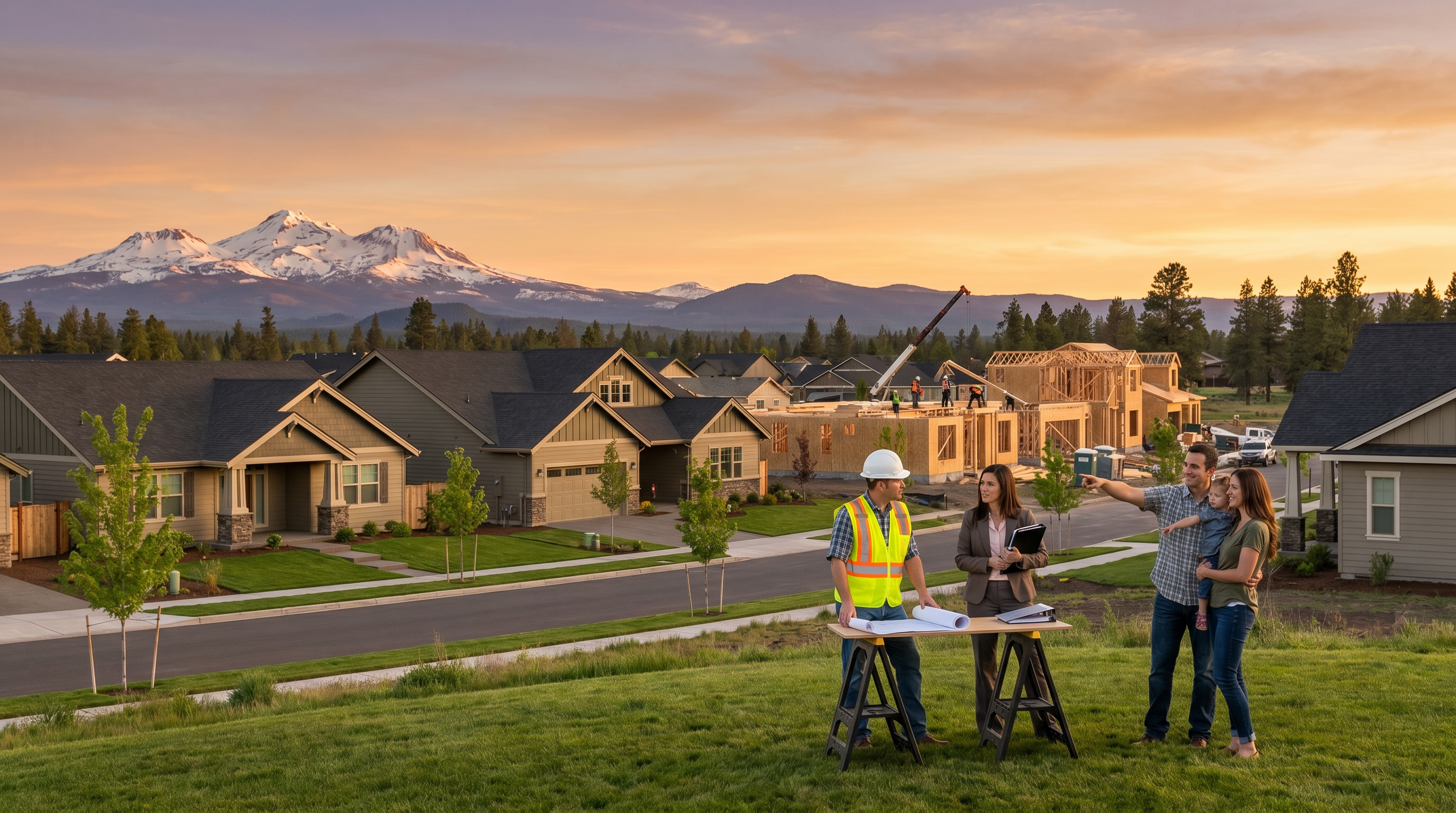 A Central Oregon residential community under construction with the Three Sisters mountains in the background — developer, HOA board member, and family together