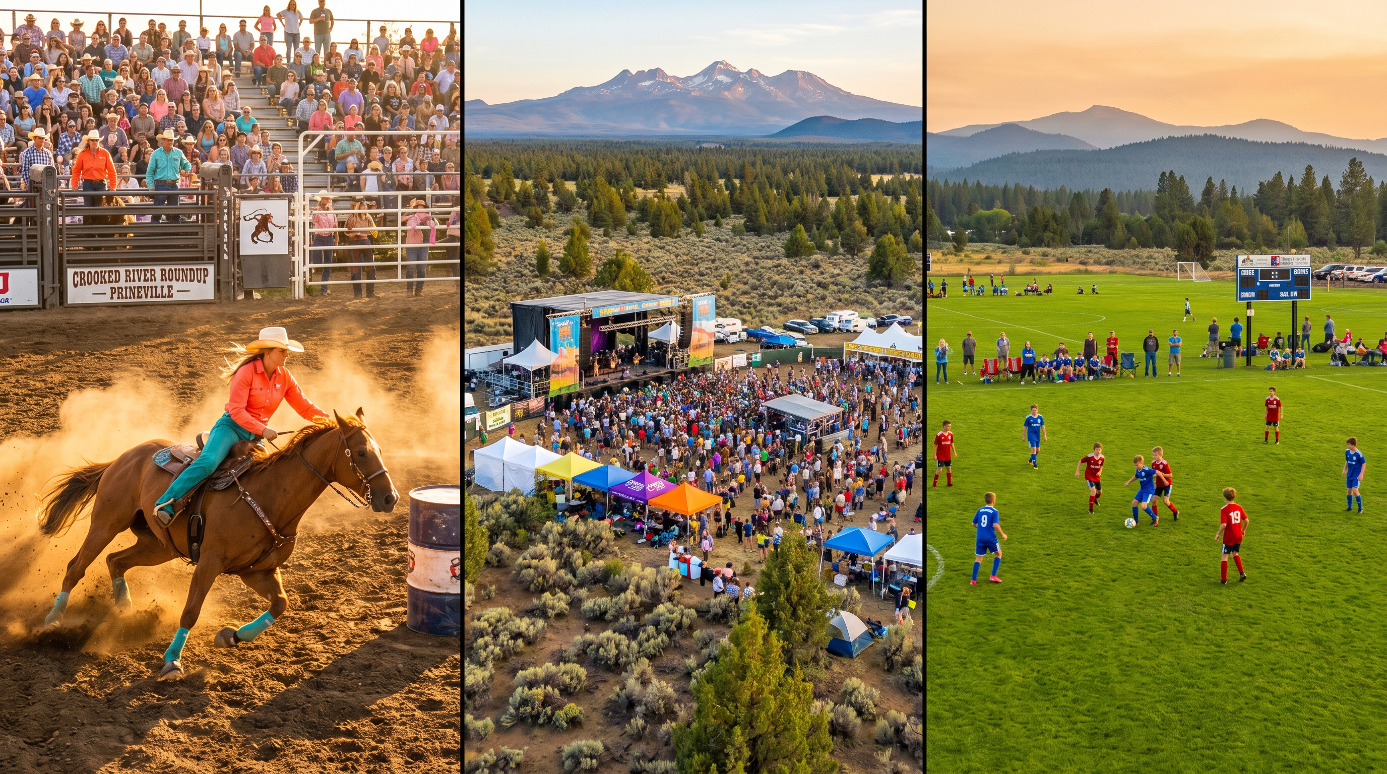 Barrel racing at the Crooked River Roundup in Prineville Oregon, outdoor festival with Three Sisters peaks, and youth soccer — Central Oregon sports events